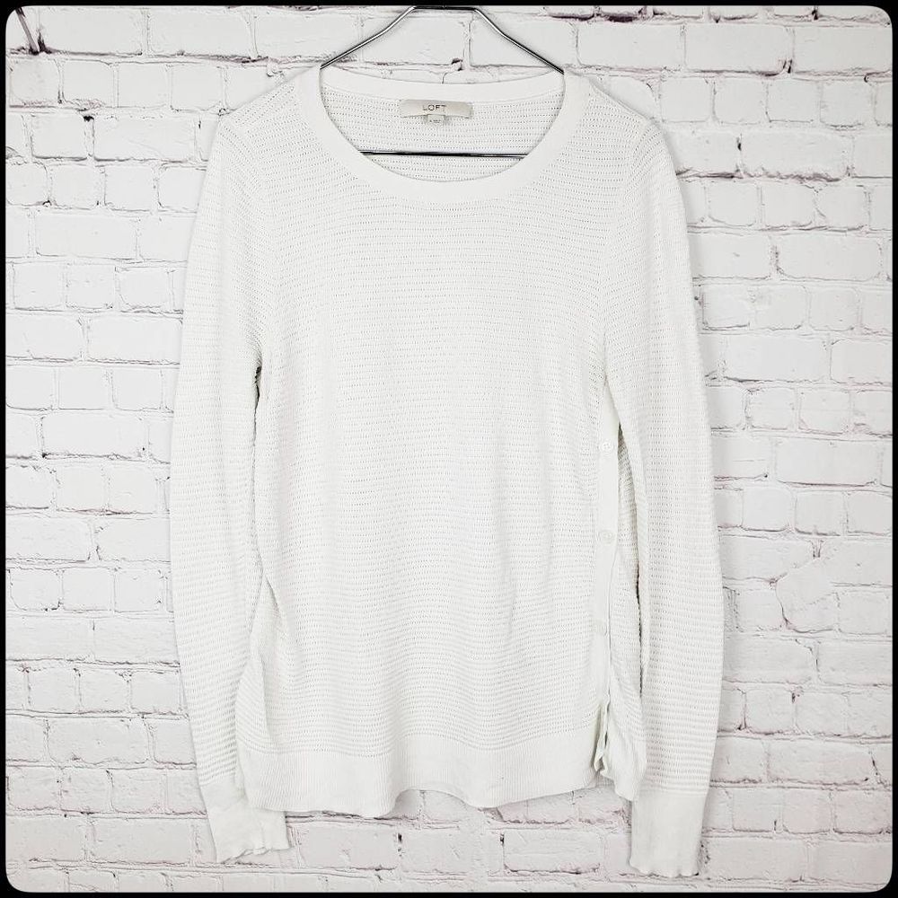 LOFT White Stretch Crew Neck Pullover Open Knit Long Sleeve Button Accent Top Md